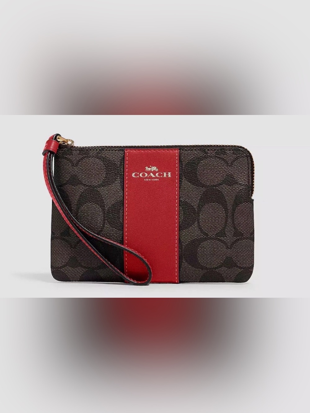 Coach Black Signature Canvas Wristlet with Red Center Stripe 58035